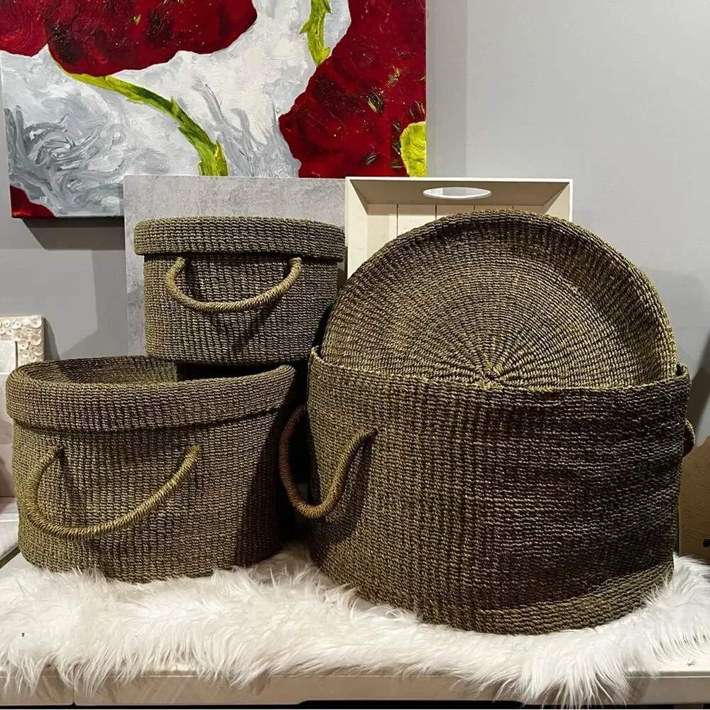 NEW Pottery Barn Round Woven Floor Nesting Storage Baskets Raffia Wicker LG Set